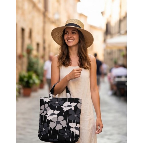 Black - White Floral Print Paper Straw Tote - BG-ST825BK